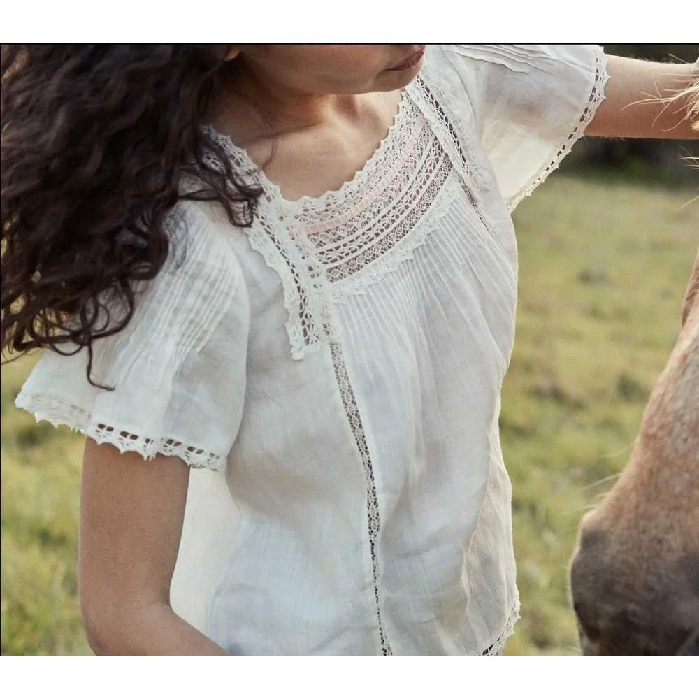 DOEN Ginger Top M Salt Lace Trim Pintuck Blouse Ramie Boho Cottagecore Prairie - Picture 2 of 13